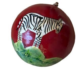 ZEBRA Africa Christmas Ornament Hand Painted India Red Black Stripes Horse Round